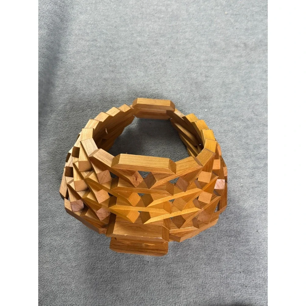 Vintage Geometric Collapsible Wooden Basket Interlocking Block Sculpture Bowl